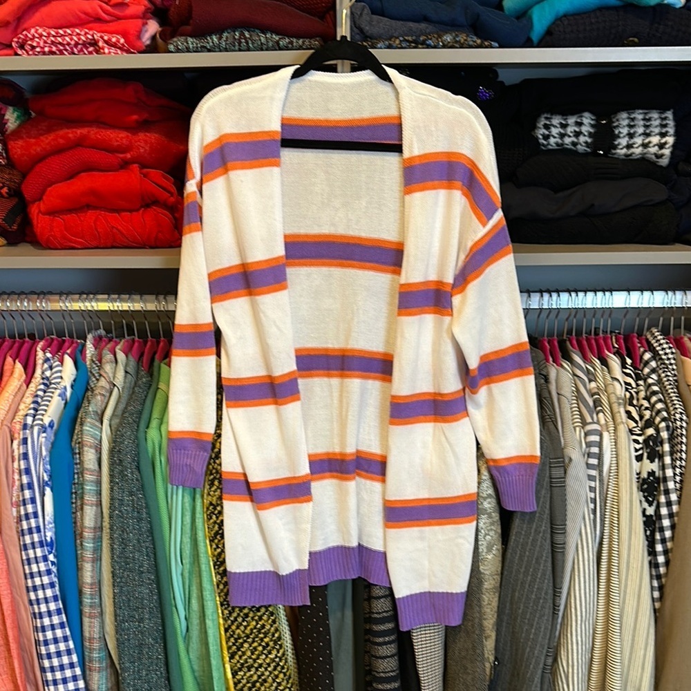 Unbranded white/purple/orange striped long sleeve open front cardigan size S
